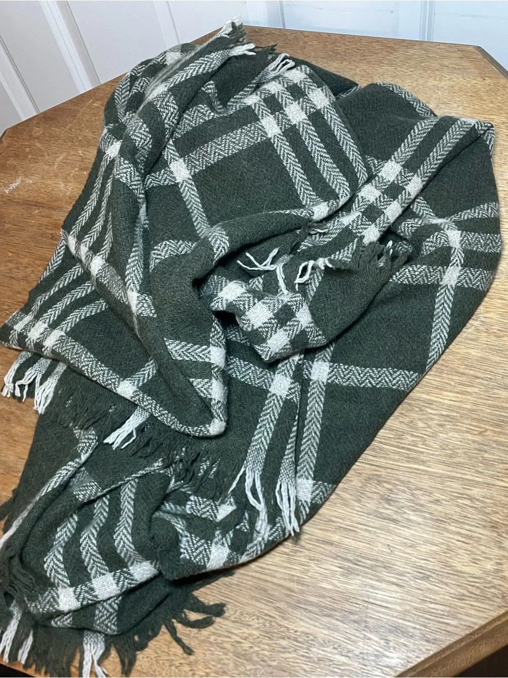 Sézane Green Plaid Wool Fringe Oversized Scarf Made in Italy
